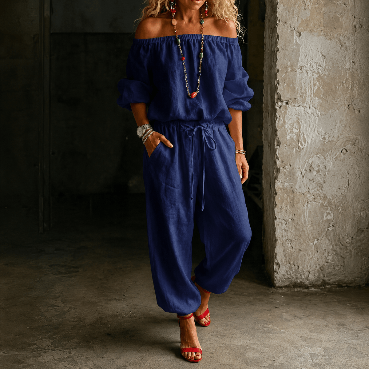 Off-Shoulder Two Piece Co Ord Set with Drawstring Waist Pants