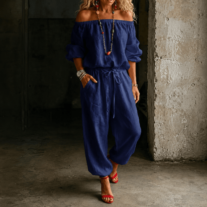 Off-Shoulder Two Piece Co Ord Set with Drawstring Waist Pants