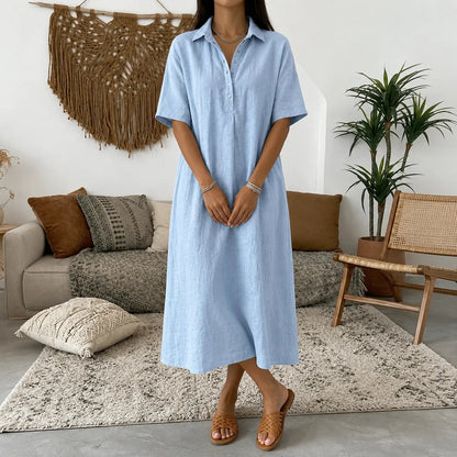 Lunavia Oversized Linen-Look Midi Summer Shirt Dress with Short Sleeves