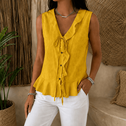 Ruffle V-Neck Peplum Top with Bow Tie for Women in Sleeveless Style