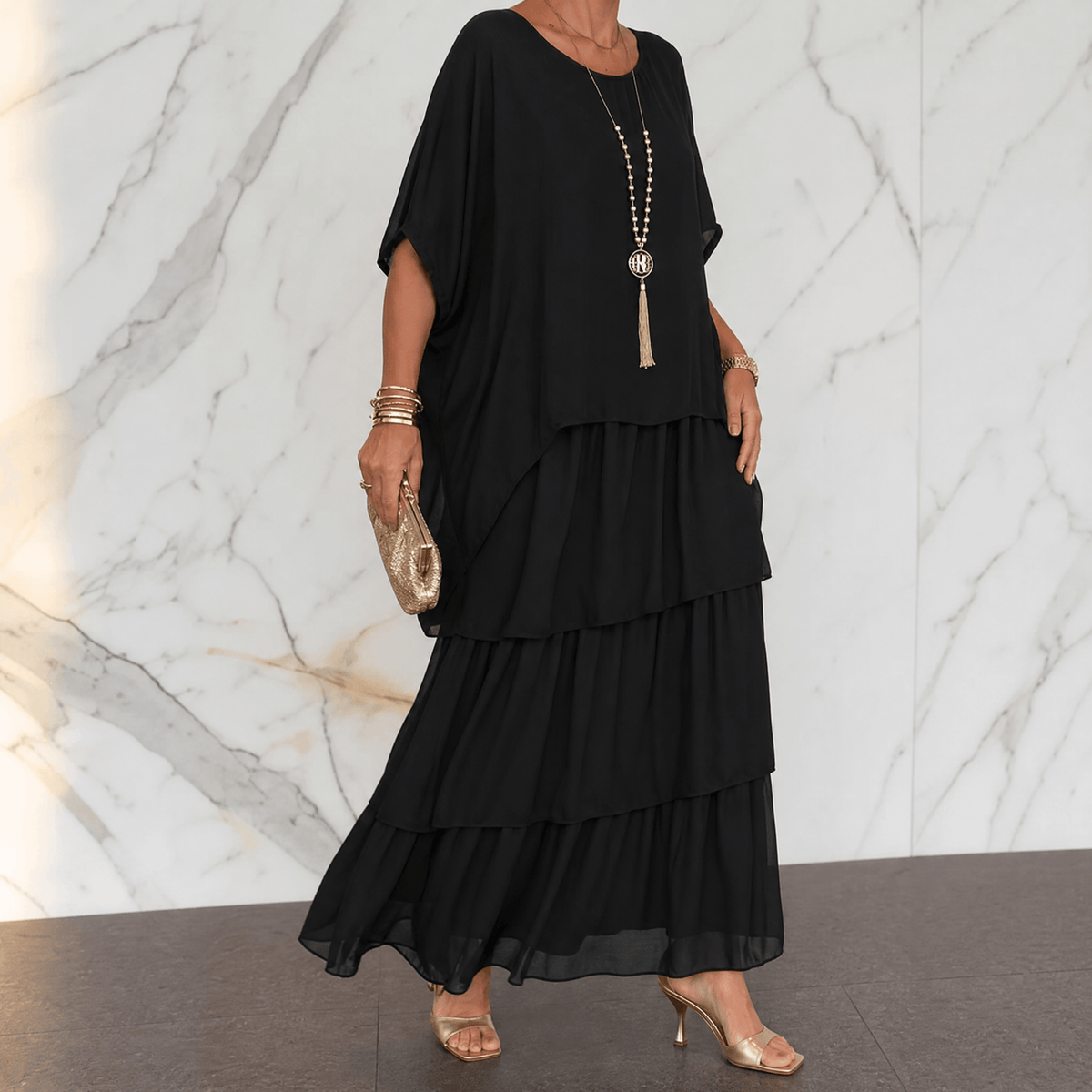 Marella Tiered Chiffon Midi-to-Maxi Dress with Batwing Sleeves