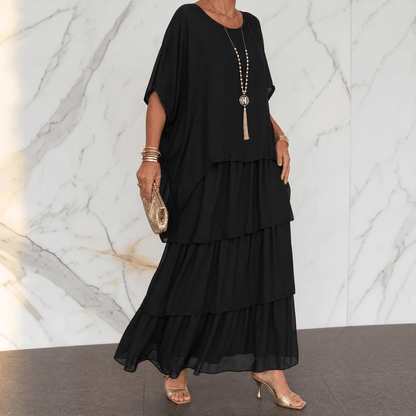 Marella Tiered Chiffon Midi-to-Maxi Dress with Batwing Sleeves