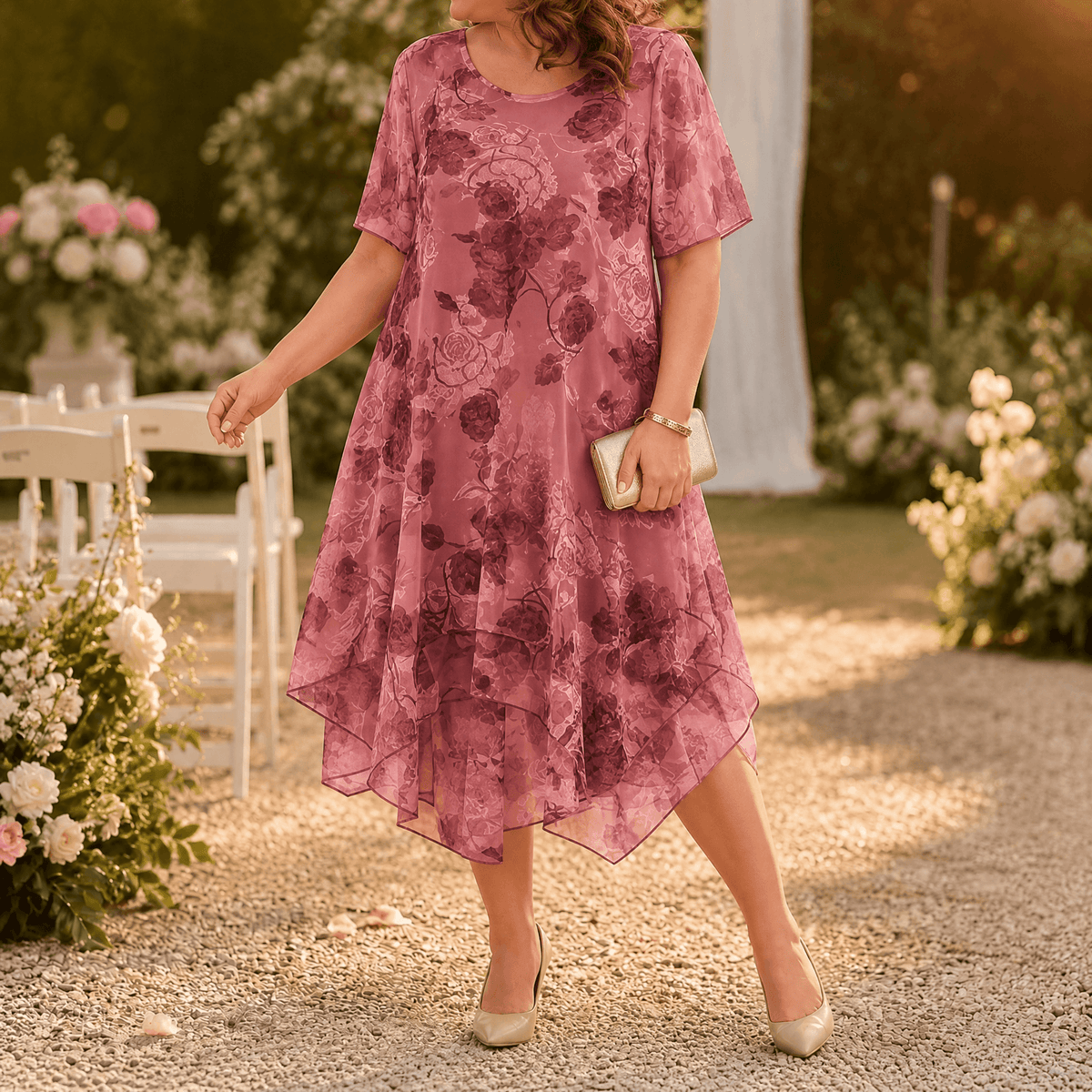 Florenza Print Layered Chiffon Women's Midi Dress with Sheer Sleeves