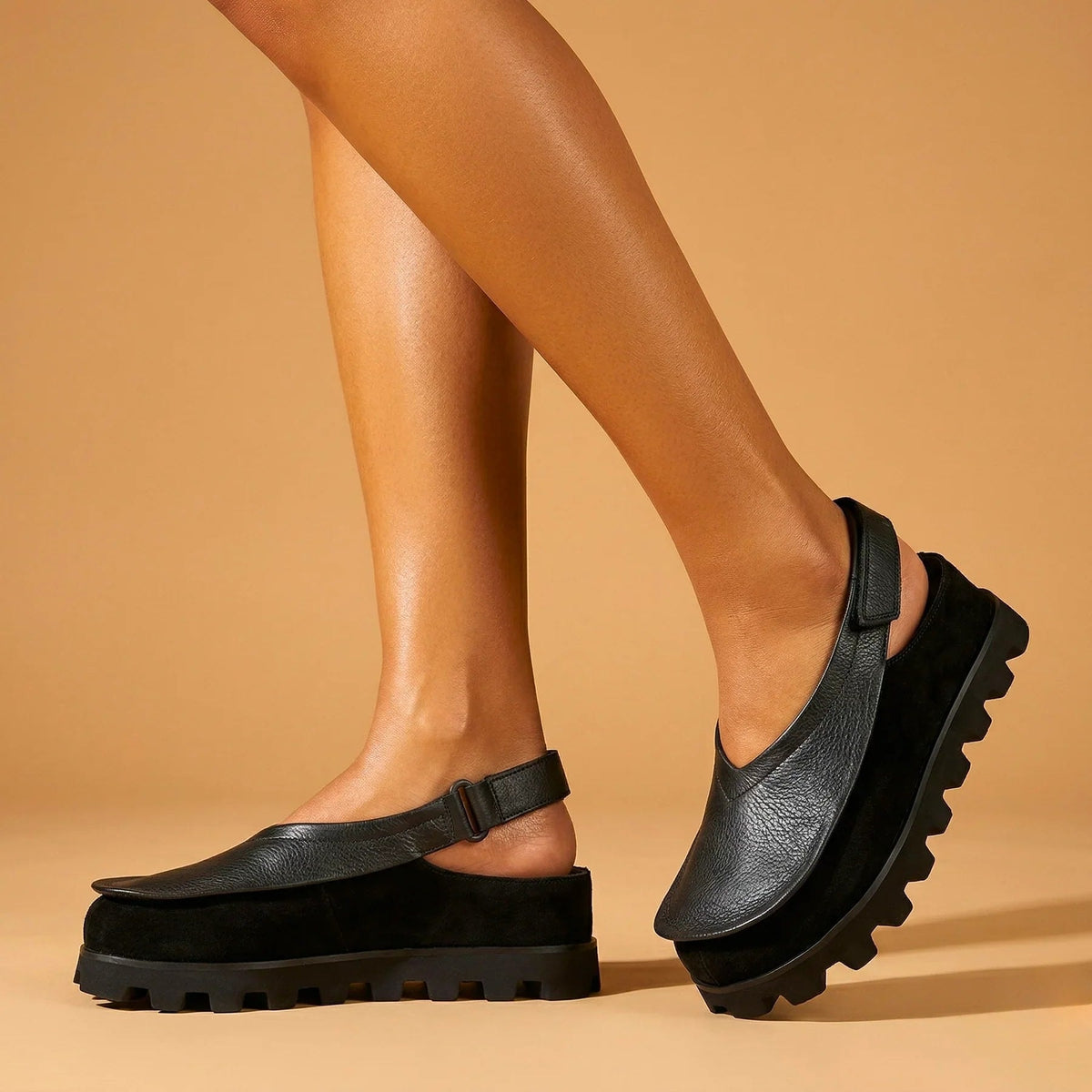 Solvana Cushioned Leather Flat Shoes with Slingback Strap and Chunky Sole