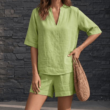 Women's V-Neck Linen-Look Top and Shorts Two Piece Set