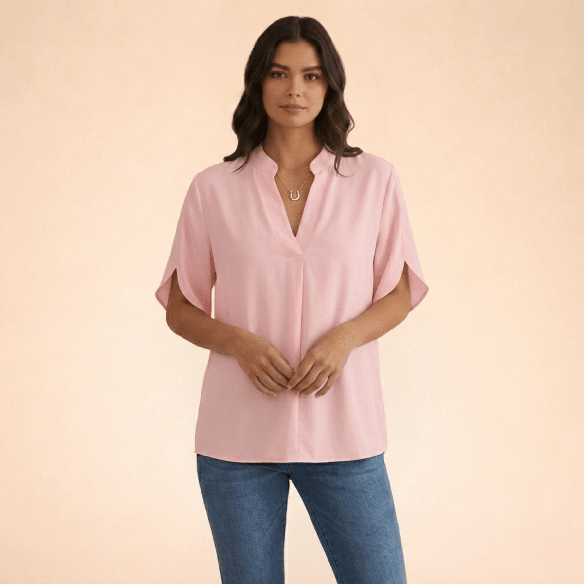 Women's V-Neck Split-Sleeve Top with Flowy Loose Fit