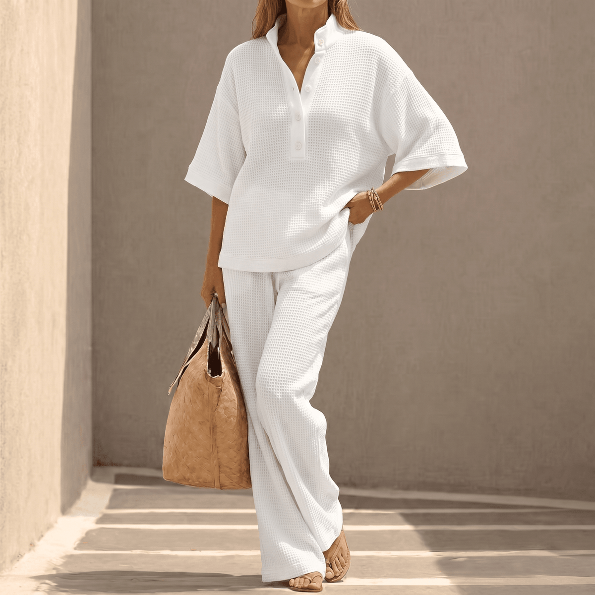 Vienelle Waffle-Knit Two-Piece Lounge Set with Wide-Leg Pants