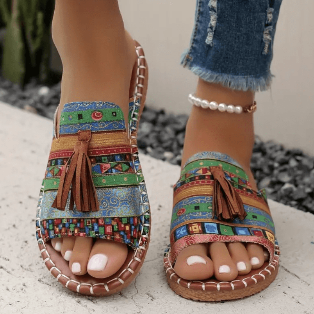 Naomi Kirkland Woven Cushioned Sandals with Boho Tassel Detail for Women