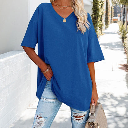 Oversized Cotton V-Neck Short Sleeve Top for Women