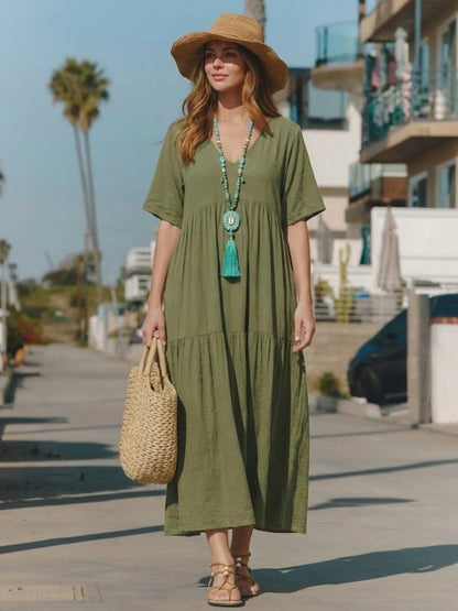 Women's Tiered Ruffle V-Neck Midi Dress with Short Sleeves in Polyester
