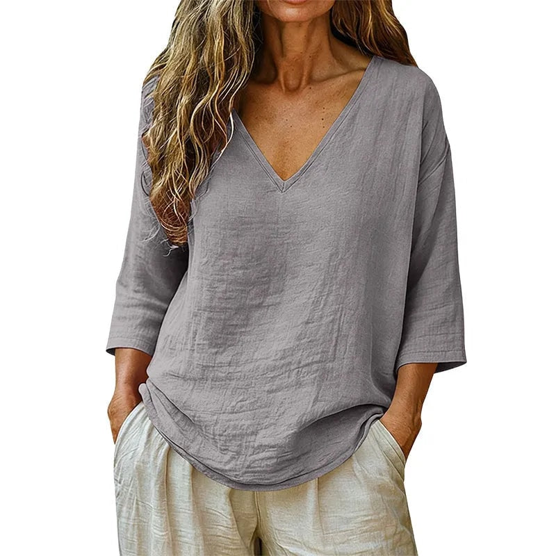 Sereva Women's Relaxed V-Neck Linen Top with Three-Quarter Sleeves
