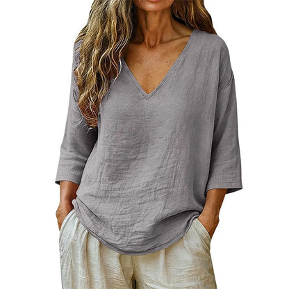 Sereva Women's Relaxed V-Neck Linen Top with Three-Quarter Sleeves