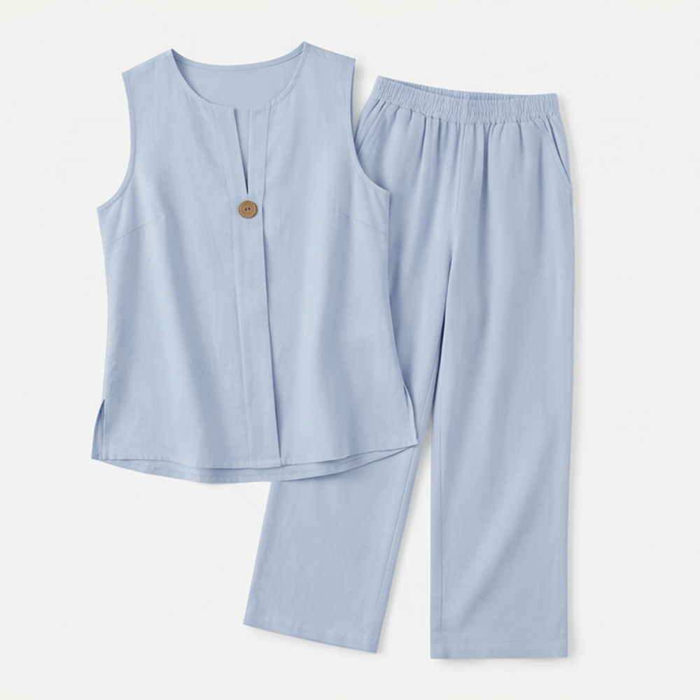Women's Sleeveless Linen Top with Wide-Leg Tailored Trouser Set