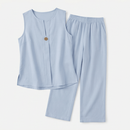 Women's Sleeveless Linen Top with Wide-Leg Tailored Trouser Set