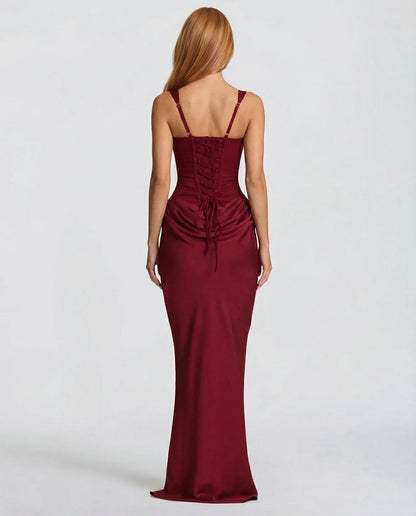 Sienna Laurent Satin Corset Maxi Dress with Draped Detail