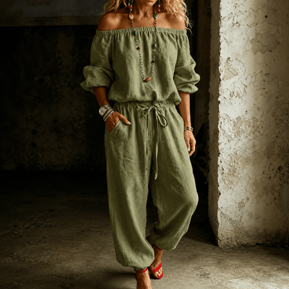 Off-Shoulder Two Piece Co Ord Set with Drawstring Waist Pants