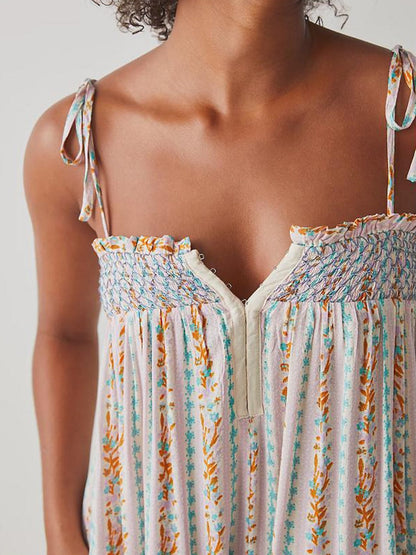 Women's Boho Harem Linen Jumpsuit with Tie-Shoulder Straps