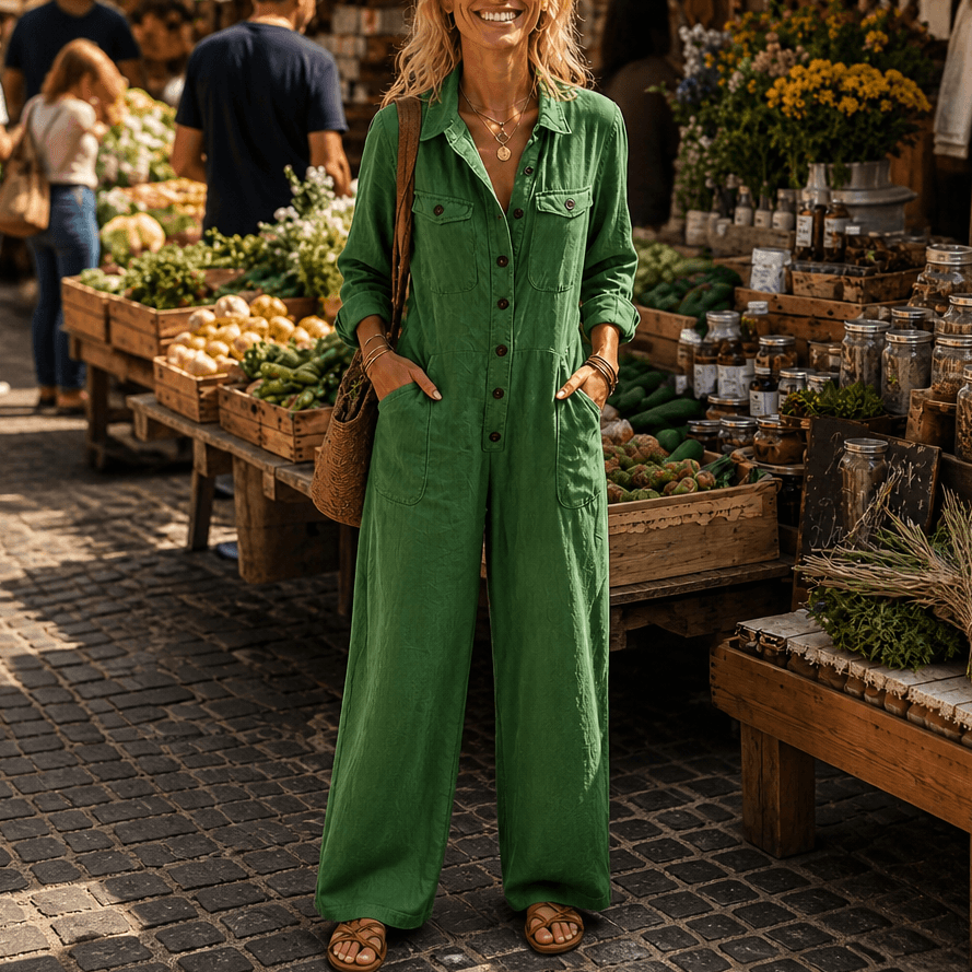 Women's Wide-Leg Cargo Utility Jumpsuit with Button-Front Top