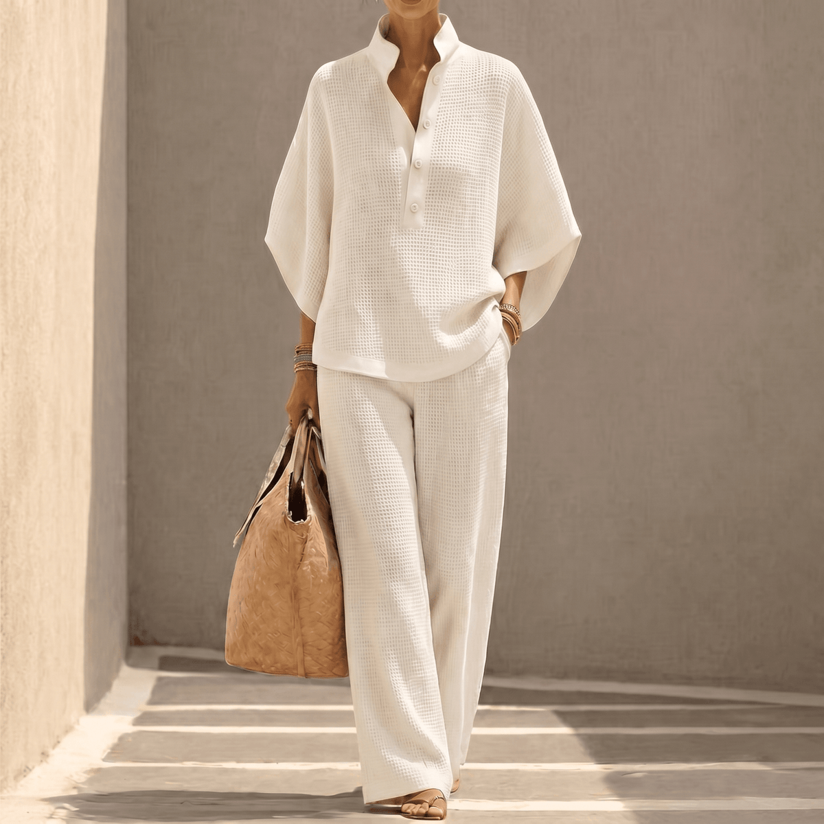 Vienelle Waffle-Knit Two-Piece Lounge Set with Wide-Leg Pants