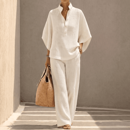 Vienelle Waffle-Knit Two-Piece Lounge Set with Wide-Leg Pants