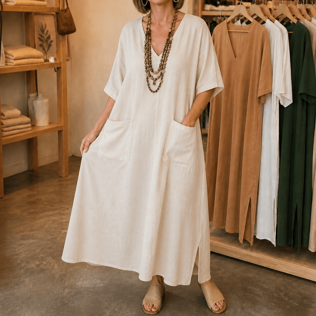 Marisole Loose-Fit V-Neck Maxi Dress with Deep Pockets and Side Slits