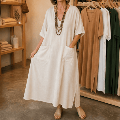 Marisole Loose-Fit V-Neck Maxi Dress with Deep Pockets and Side Slits
