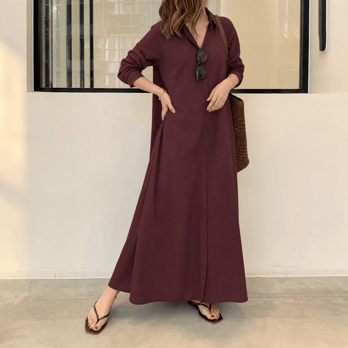 Halvine Button-Through Maxi Shirt Dress with Long Sleeves and Side Pockets