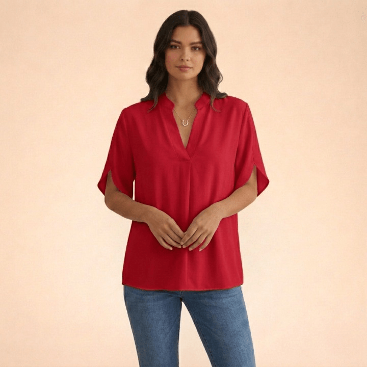 Women's V-Neck Split-Sleeve Top with Flowy Loose Fit