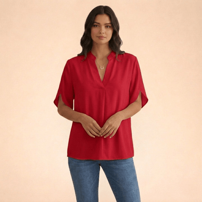 Women's V-Neck Split-Sleeve Top with Flowy Loose Fit