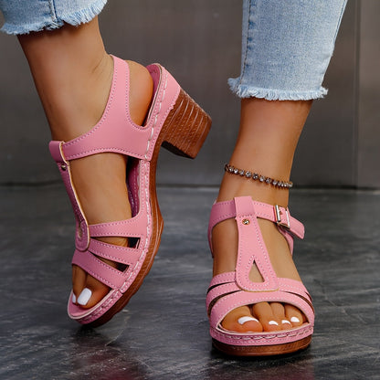 Bianca Buckle Strap Block Heel Wedge Sandals with Cutout Detail