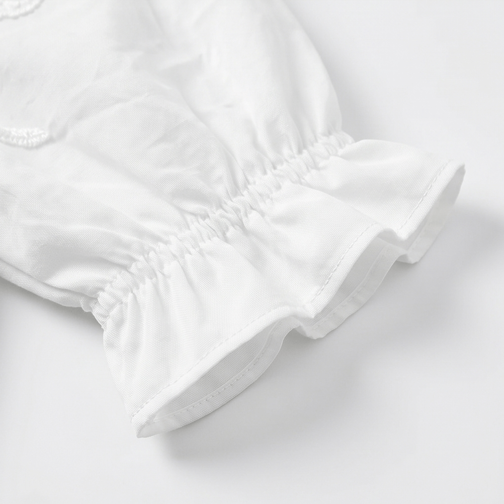 Embroidered Puff Sleeve Ruffled V-Neck Top for Women in Cotton