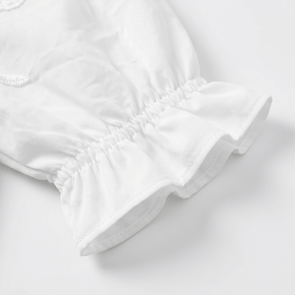 Embroidered Puff Sleeve Ruffled V-Neck Top for Women in Cotton