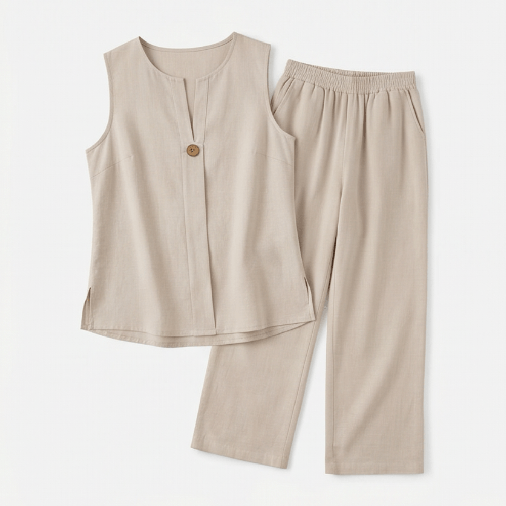Women's Sleeveless Linen Top with Wide-Leg Tailored Trouser Set