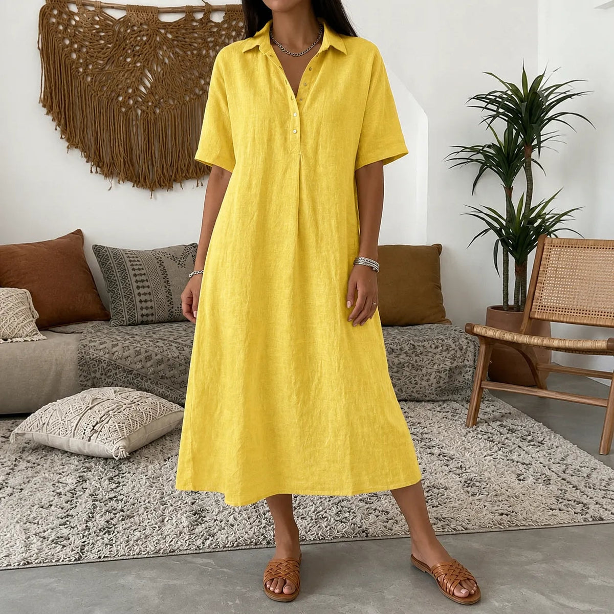 Lunavia Oversized Linen-Look Midi Summer Shirt Dress with Short Sleeves