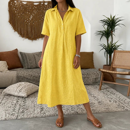Lunavia Oversized Linen-Look Midi Summer Shirt Dress with Short Sleeves