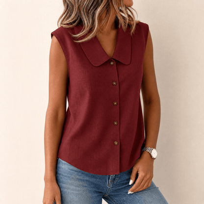 Women's Collared Sleeveless Button-Up Blouse with V-Neck