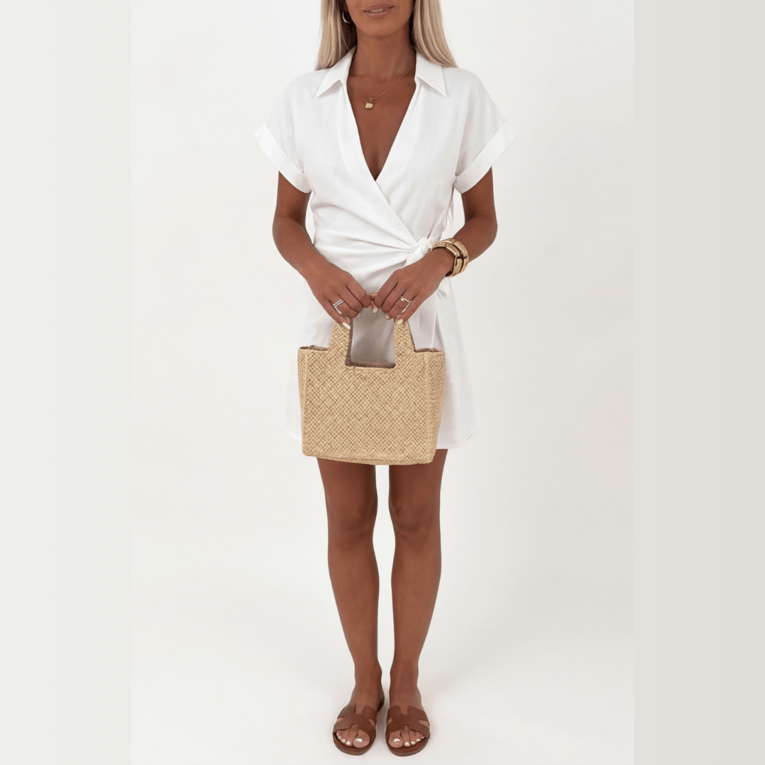 Linen-Look Wrap Collar Playsuit with Tie-Waist for Women