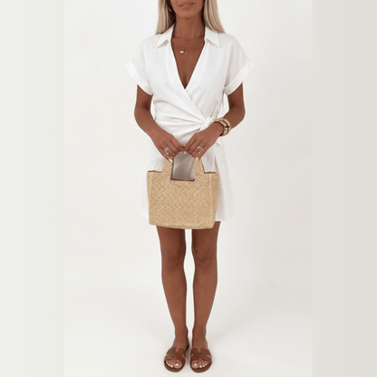 Linen-Look Wrap Collar Playsuit with Tie-Waist for Women