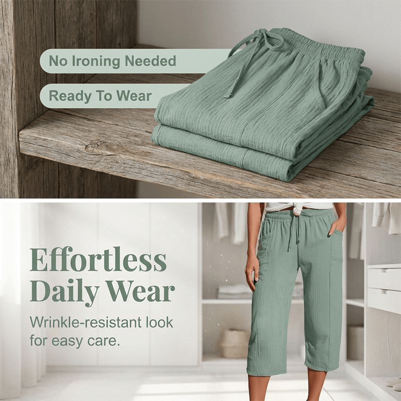 Women's Cotton Linen Cropped Wide-Leg Pants with Drawstring Waist