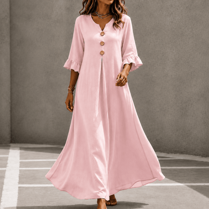 Marellia Flowy Linen-Look V-Neck Summer Maxi Dress with Ruffle Sleeves and Pockets
