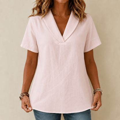 Shawl-Collar V-Neck Short Sleeve Top with Textured Weave