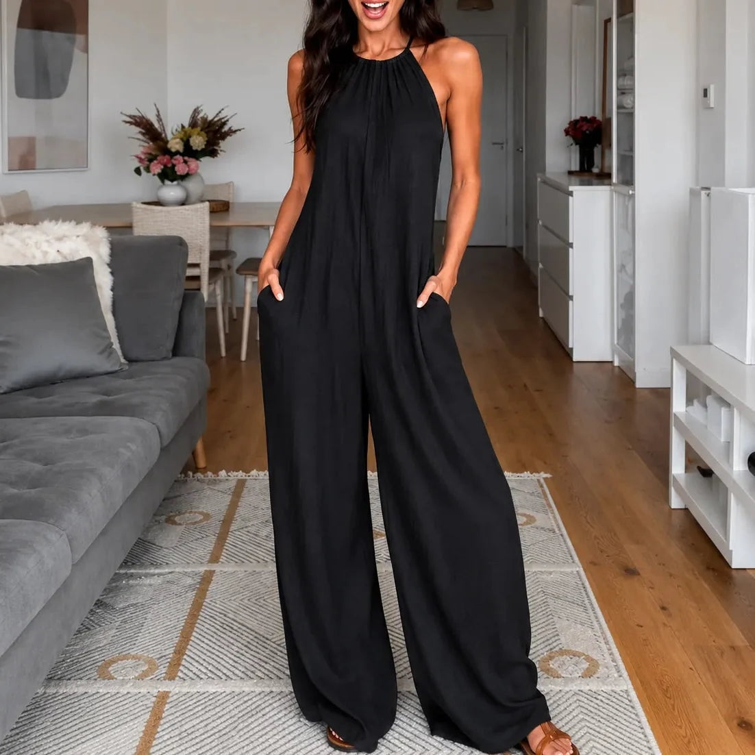 Drevana Halter Wide-Leg Jumpsuit for Women with Deep Pockets and Flowy Drape
