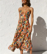 Sara Woven Midi Summer Dress with Abstract Floral Print and Tie Waist