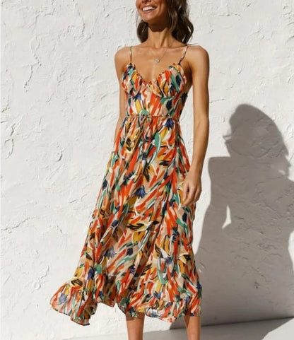 Sara Woven Midi Summer Dress with Abstract Floral Print and Tie Waist