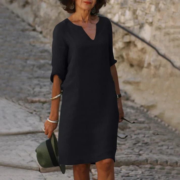 Women's V-Neck Half-Sleeve Polyester Midi Dress