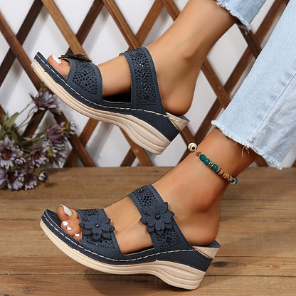 Delor Open-Toe Slide Sandals with Flower Detail and Rhinestone Wedge Sole