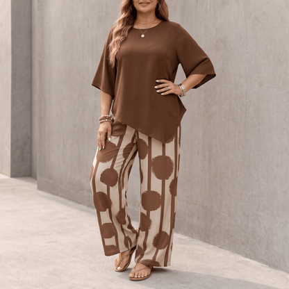 Women's Matching Two-Piece Set with Asymmetric Hem Top and Printed Wide-Leg Pants