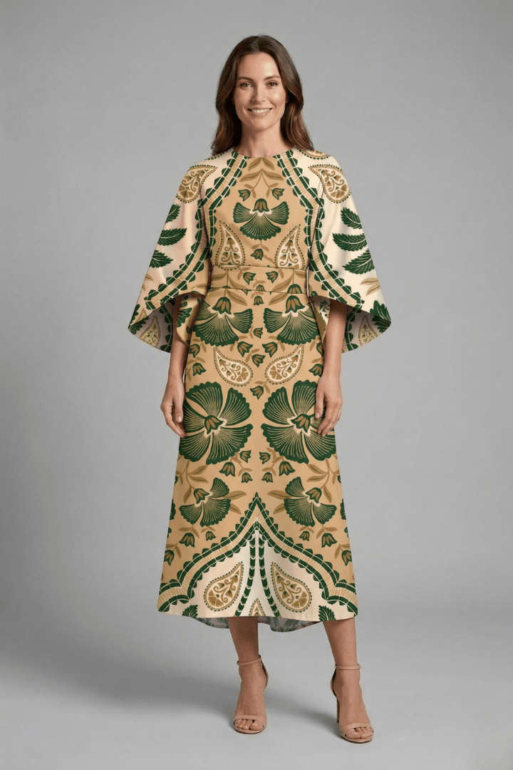 Floral Print Round Neck Women's Midi Dress with Wide Bell Sleeves