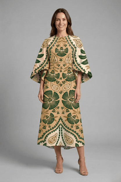 Floral Print Round Neck Women's Midi Dress with Wide Bell Sleeves