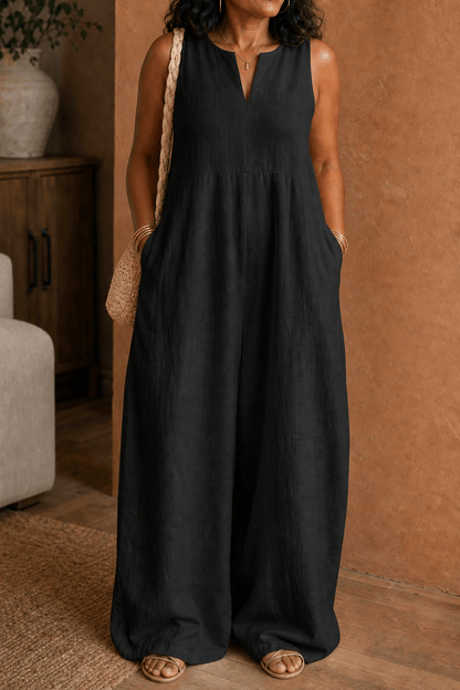 Women's Wide-Leg V-Neck Linen-Look Jumpsuit with Pockets